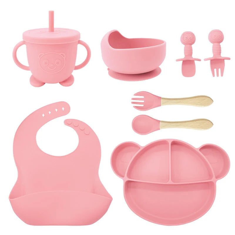 8-Piece Set Light pink Mickey Mouse Silicone Bibs and Feeding Set