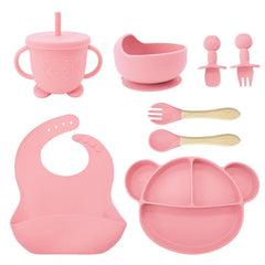 8-Piece Set Light pink Mickey Mouse Silicone Bibs and Feeding Set