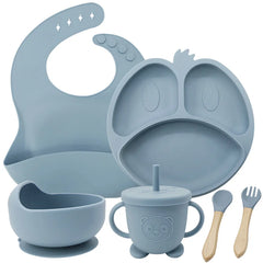 Light Blue 9-piece silicone bibs and baby feeding set