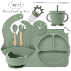 10-piece set with cup cover and fruit pacifier: Green 10-Piece Silicone Bib and Infant Feeding Set