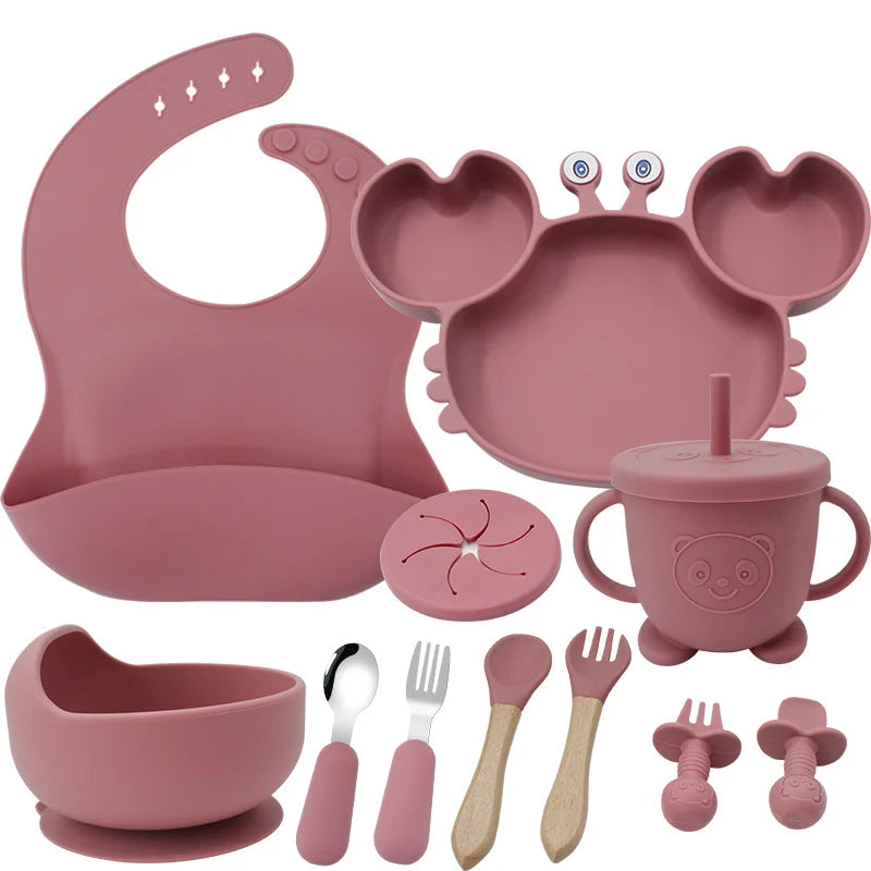 Dark pink 11-Piece Crab Silicone Bibs and Infant Feeding Set