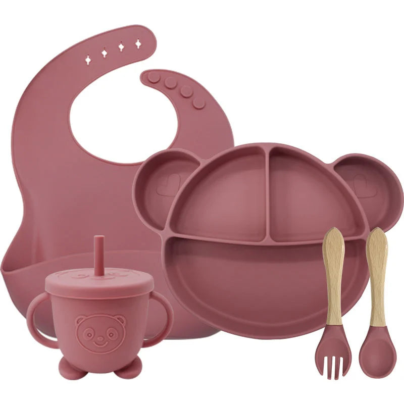 5-Piece Set Dark pink Mickey Mouse Silicone Bibs and Feeding Set