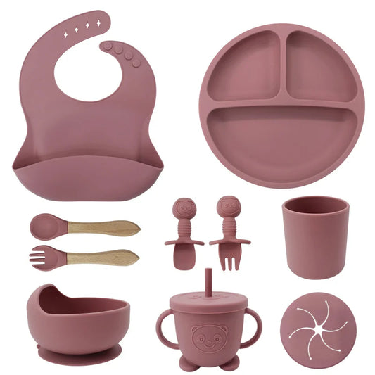 Dark pink 10-piece silicone bibs and feeding set for infants