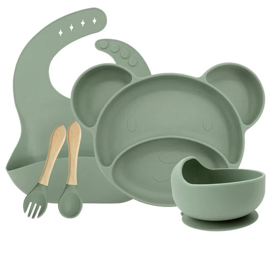 Matcha Green Set with silicone bowl 5-piece Silicone Bibs and Baby Feeding Set | Baby Utensils