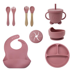 Dark pink 9-Piece Silicone Bibs and Children's Feeding Set