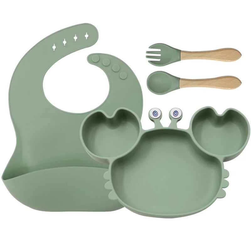 4-Piece Set With Wooden Spoon and Fork Green Crab Shaped Silicone Bib and Infant Dinner Set