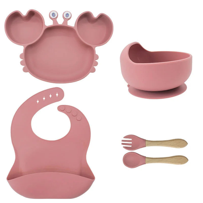 5-Piece Dark pink Crab-Shaped silicone bibs and Children's Feeding set