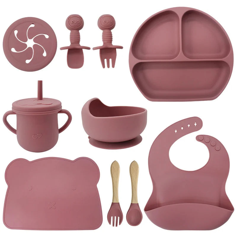 Dark pink 10-Piece Silicone Bibs and Bowl Set