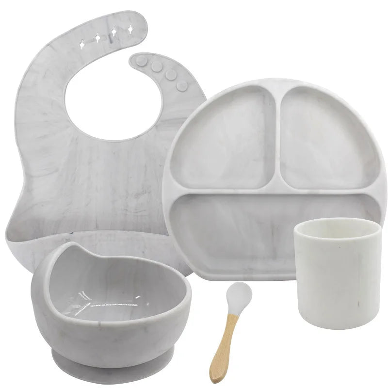 Silver 5-piece silicone bibs and feeding set