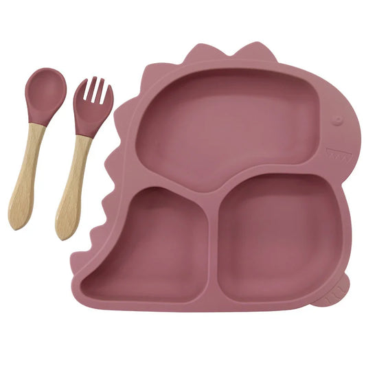 3 piece light brown Dino Silicone Baby Feeding Set | Best Baby Utensils