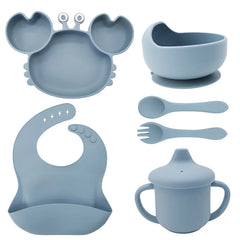 6-Piece Set With Silicone Spoon and Fork Light Blue Crab Shaped Silicone Bib and Infant Dinner Set