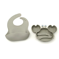 4-Piece Set With Silicone Spoon and Fork Silver Crab Shaped Silicone Bib and Infant Dinner Set