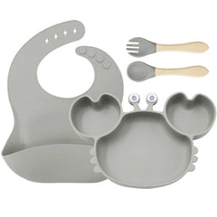 4-Piece Set With Wooden Spoon and Fork Silver Crab Shaped Silicone Bib and Infant Dinner Set