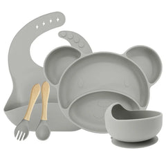 Silver Set with silicone bowl 5-piece Silicone Bibs and Baby Feeding Set