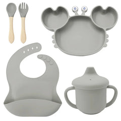 5-Piece Set With Wooden Spoon and Fork Silver Crab Shaped Silicone Bib and Infant Dinner Set