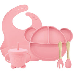 5-Piece Set Light pink Mickey Mouse Silicone Bibs and Feeding Set