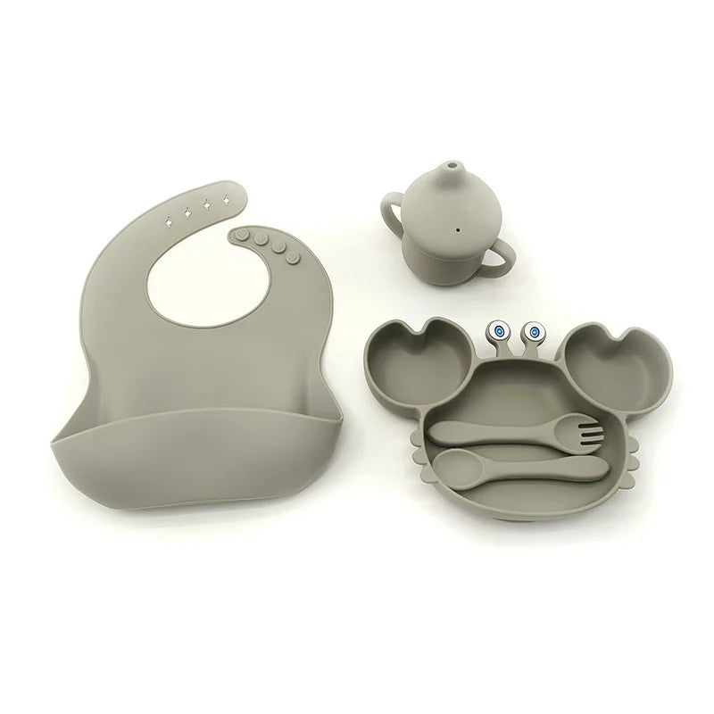 5-Piece Set With Silicone Spoon and Fork Silver Crab Shaped Silicone Bib and Infant Dinner Set