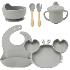 6-Piece Set With Wooden Spoon and Fork Silver Crab Shaped Silicone Bib and Infant Dinner Set