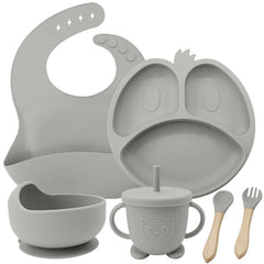 Silver 9-piece silicone bibs and baby feeding set