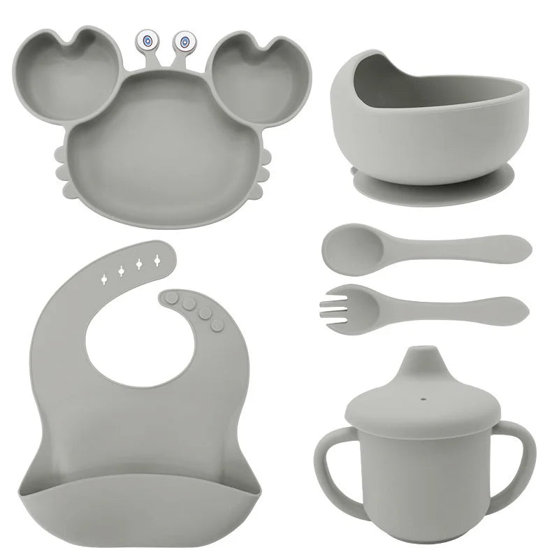 6-Piece Set With Silicone Spoon and Fork Silver Crab Shaped Silicone Bib and Infant Dinner Set