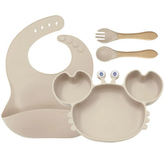 4-Piece Set With Wooden Spoon and Fork Beige Crab Shaped Silicone Bib and Infant Dinner Set