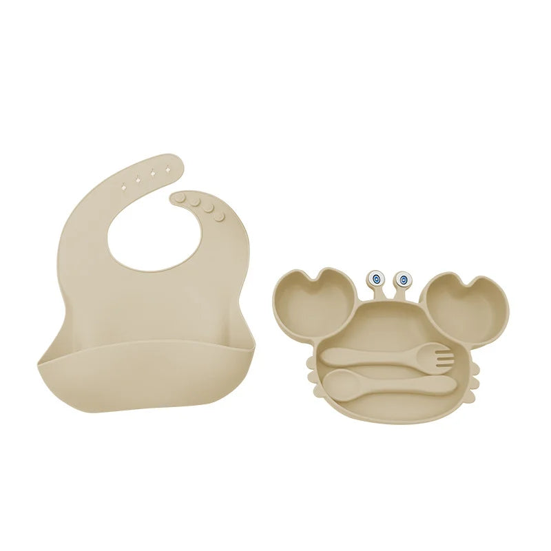 4-Piece Set With Silicone Spoon and Fork Beige Crab Shaped Silicone Bib and Infant Dinner Set