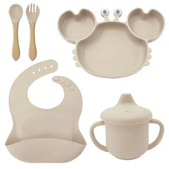 5-Piece Set With Wooden Spoon and Fork Beige Crab Shaped Silicone Bib and Infant Dinner Set