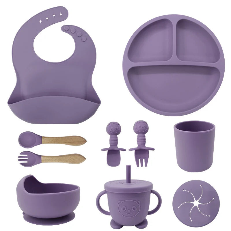 Purple 10-piece silicone bibs and feeding set for infants