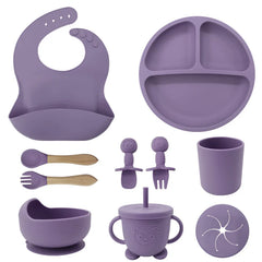 Purple 10-piece silicone bibs and feeding set for infants