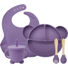 5-Piece Set Purple Mickey Mouse Silicone Bibs and Feeding Set