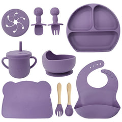 Purple 10-Piece Silicone Bibs and Bowl Set