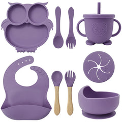 Purple 9-piece silicone bibs and self-feeding set