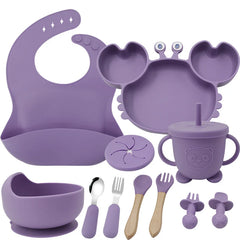 Purple 11-Piece Crab Silicone Bibs and Infant Feeding Set