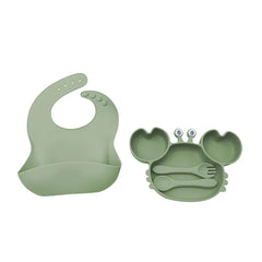 4-Piece Set With Silicone Spoon and Fork Green Crab Shaped Silicone Bib and Infant Dinner Set