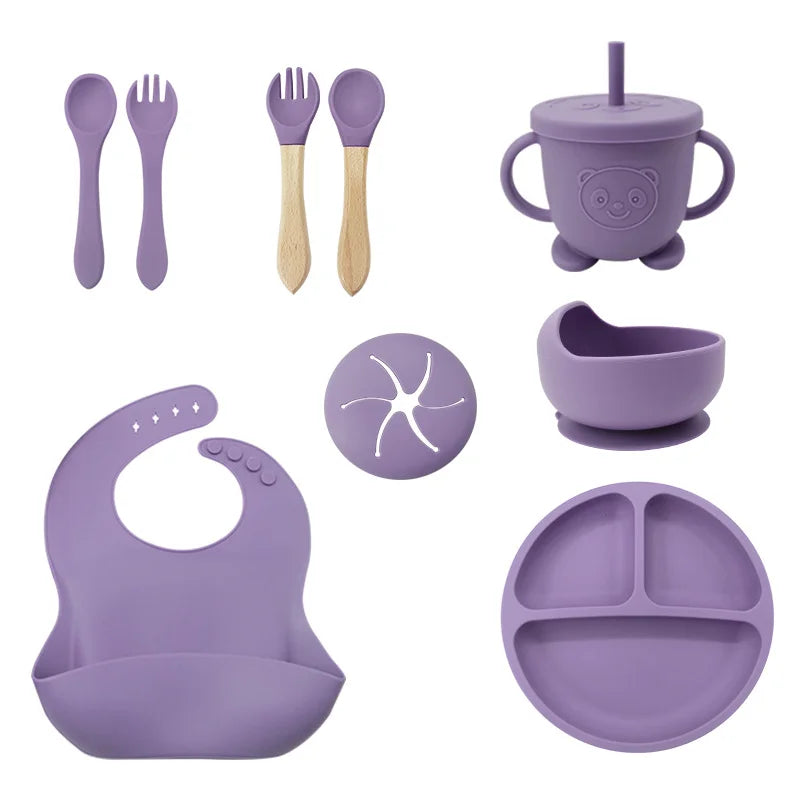 Purple 9-Piece Silicone Bibs and Children's Feeding Set