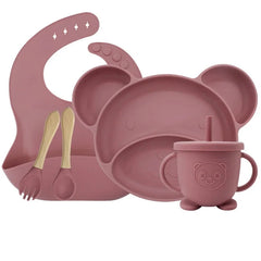 Dark pink Set with sip cup 5-piece Silicone Bibs and Baby Feeding Set