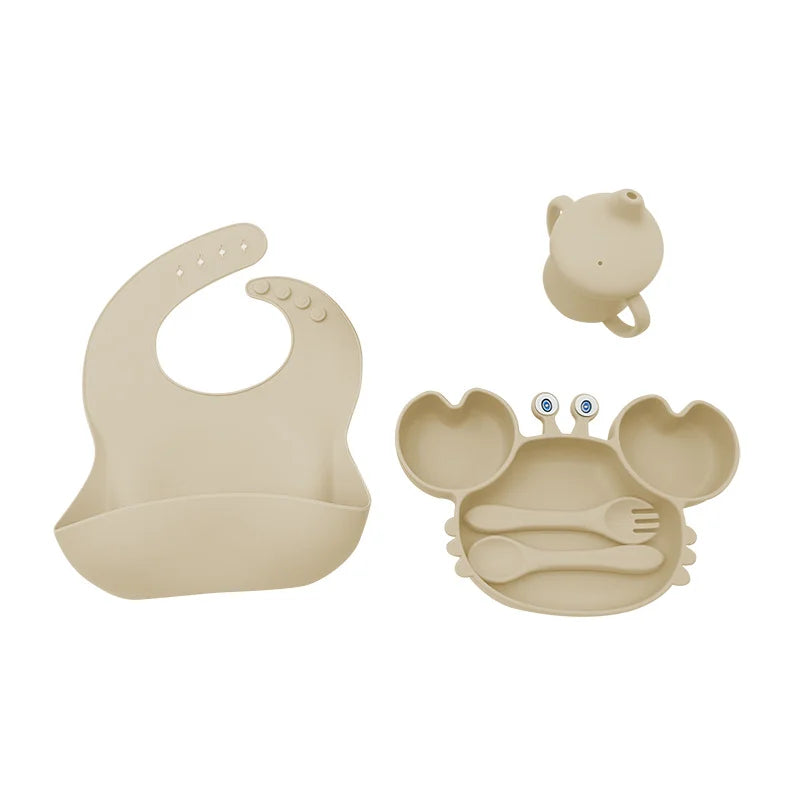 5-Piece Set With Silicone Spoon and Fork Beige Crab Shaped Silicone Bib and Infant Dinner Set