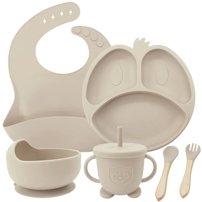 Beige 9-piece silicone bibs and baby feeding set