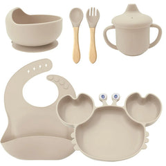 6-Piece Set With Wooden Spoon and Fork Beige Crab Shaped Silicone Bib and Infant Dinner Set