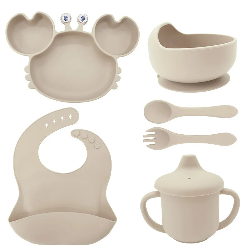 6-Piece Set With Silicone Spoon and Fork Beige Crab Shaped Silicone Bib and Infant Dinner Set