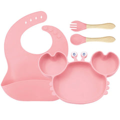 4-Piece Set With Wooden Spoon and Fork Light pink Crab Shaped Silicone Bib and Infant Dinner Set