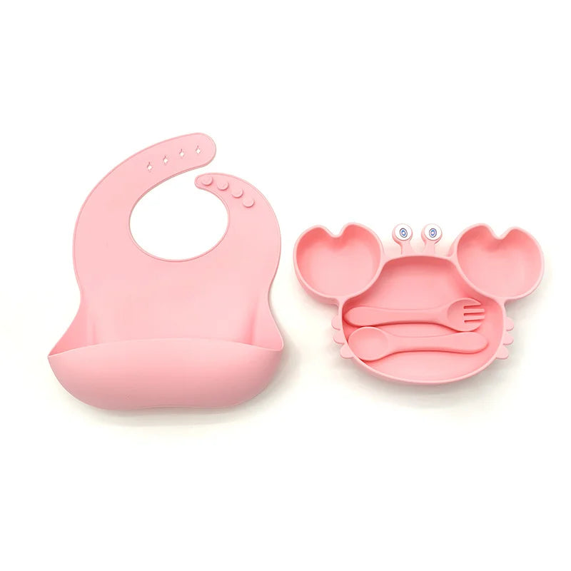 4-Piece Set With Silicone Spoon and Fork Light pink Crab Shaped Silicone Bib and Infant Dinner Set