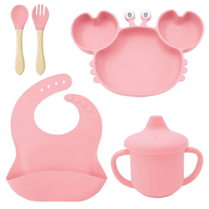 5-Piece Set With Wooden Spoon and Fork Light pink Crab Shaped Silicone Bib and Infant Dinner Set