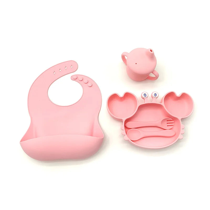 5-Piece Set With Silicone Spoon and Fork Light pink Crab Shaped Silicone Bib and Infant Dinner Set