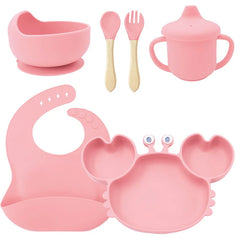 6-Piece Set With Wooden Spoon and Fork Light pink Crab Shaped Silicone Bib and Infant Dinner Set