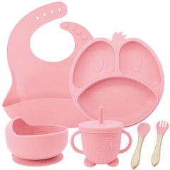 Light pink 9-piece silicone bibs and baby feeding set