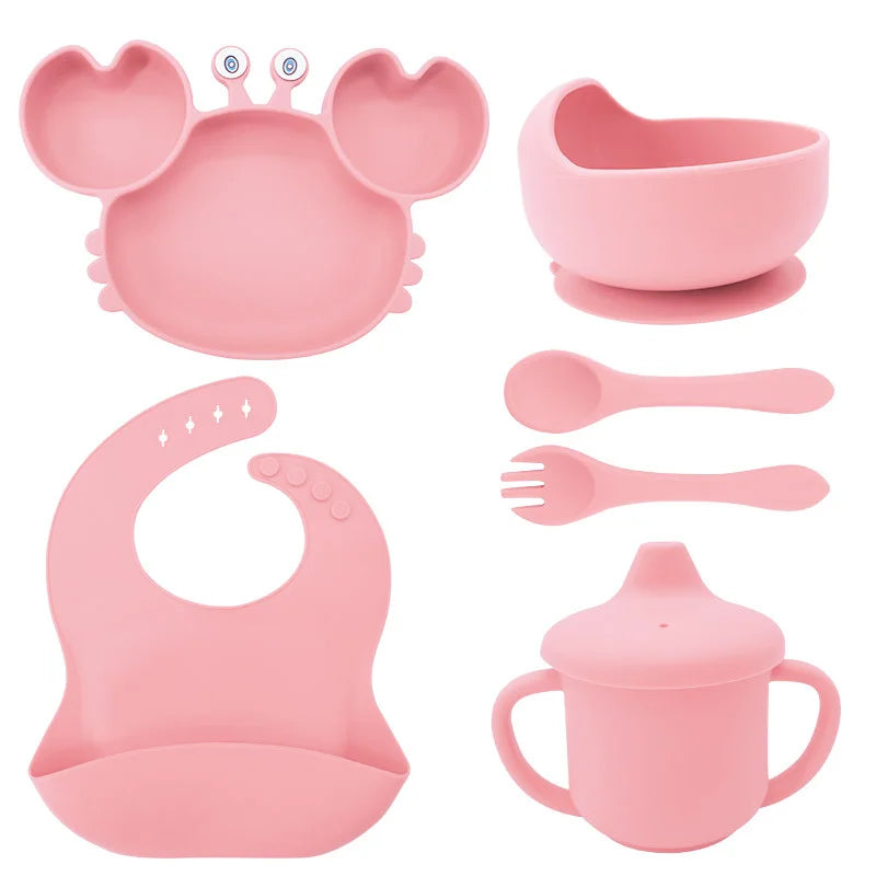 6-Piece Set With Silicone Spoon and Fork Light pink Crab Shaped Silicone Bib and Infant Dinner Set