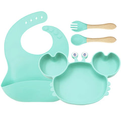 4-Piece Set With Wooden Spoon and Fork cyan Crab Shaped Silicone Bib and Infant Dinner Set