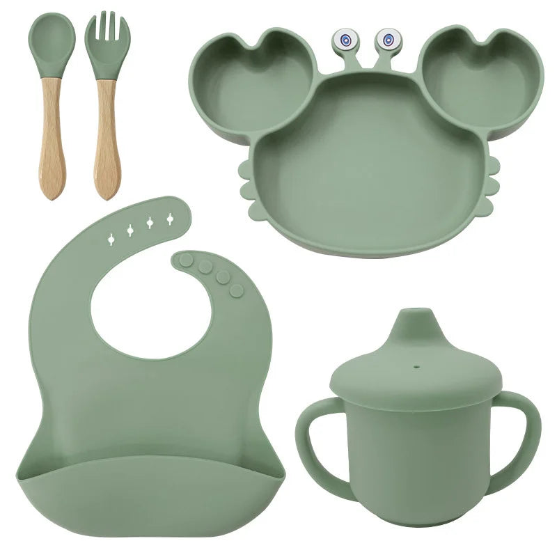 5-Piece Set With Wooden Spoon and Fork Green Crab Shaped Silicone Bib and Infant Dinner Set