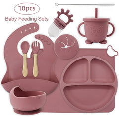 10-piece set with cup cover and fruit pacifier: Dark pink 10-Piece Silicone Bib and Infant Feeding Set